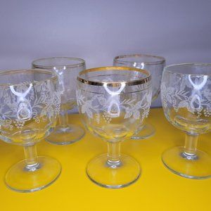 Vintage Set of 5 Etched Glass Goblets